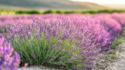 Fototapeta premium Bright Lavender Fields with Sunset Glow and Soft Hills in the Background