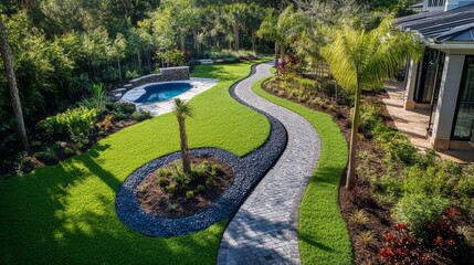 Obraz premium aerial garden photography, serpentine stone border design, immaculate green turf, organic curved pathways, premium bark mulch bedding, architectural plantings, professional landscape maintenance,