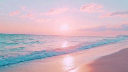 A beach with gentle waves lapping against the shore under a pastel pink sunset sky
