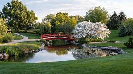 Obraz premium Tranquil Park Scene with Red Bridge and Blooming Tree Reflected in Serene Water Pond