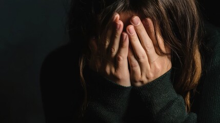 Person with long dark hair covering face with hands wearing dark green knitted sweater