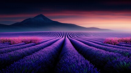 Naklejka premium Breathtaking Lavender Field at Dusk with Majestic Mountain and Colorful Sky Above