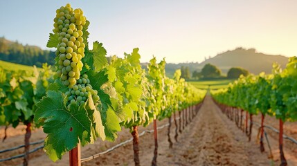Naklejka premium Vineyard Vista: Rows of vibrant green grapevines stretch towards the horizon, laden with ripening grapes, under a clear, sunny sky, creating a sense of tranquility and abundance.