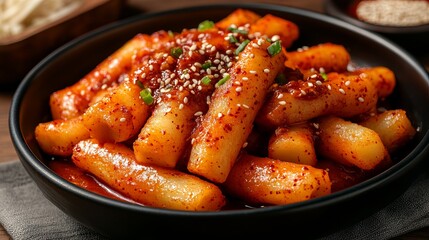 Spicy korean tteokbokki with rich sauce – traditional fried rice cakes







