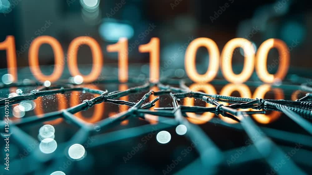 Poster abstract close-up of glowing binary code on a dark reflective surface with string pattern, technolog