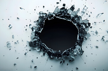 Obraz premium Crumpled Shattered Glass Hole on White Background with Jagged Edges and Reflective Surface