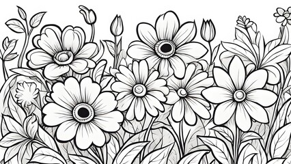 Close-up a meticulously drawn black white floral bouquet, featuring various flower types detailed foliage.
