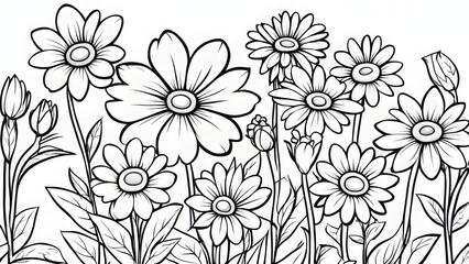 A detailed line art illustration showcases a vibrant array daisies buds, perfect coloring books design projects.