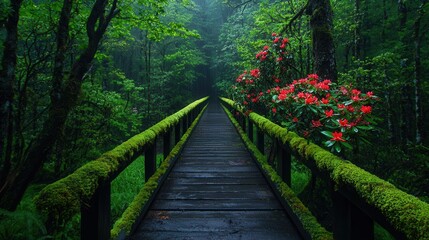 Obraz premium Serene Pathway Through Lush Green Forest with Blooming Red Rhododendron Flowers Alongside