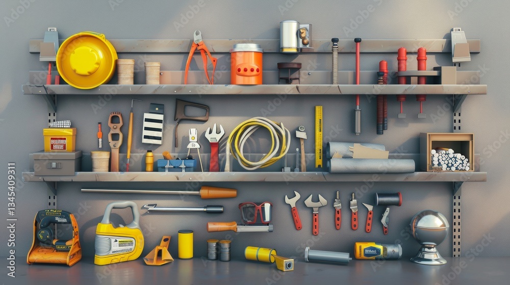 Aufkleber Various building materials and tools displayed on a well-organized shelf ideal for construction and home improvement projects Generative AI