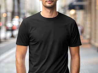 Black T-Shirt Mockup Male Model Outdoor - Apparel Template