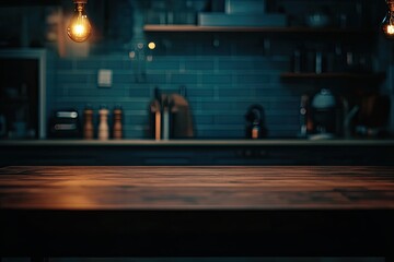 Empty wooden kitchen table top in a dimly lit modern kitchen