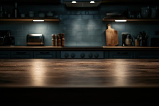 Empty kitchen countertop, moody ambiance.  Focus on a polished wooden surface in a dimly lit, modern kitchen.  Kitchen cabinets and appliances softly blurred in the background
