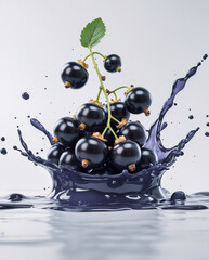 Juicy blackcurrants releasing fresh juice splashes on a white surface highlighted in dynamic and colorful food photography composition Stock Photo Image Fruits Presentation