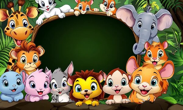 Animals Gather Around Dark Opening in Green Jungle, Wildlife Theme, Cartoon Style, Children's Illustration