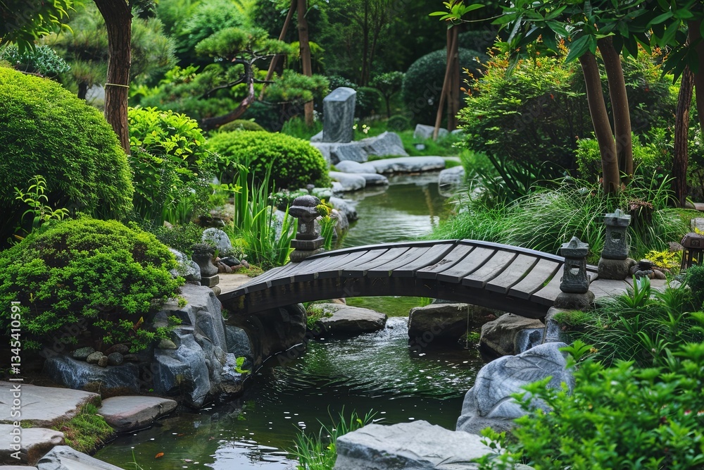 Aufkleber explore the serenity of a traditional japanese tea garden with lush greenery and tranquil water feat