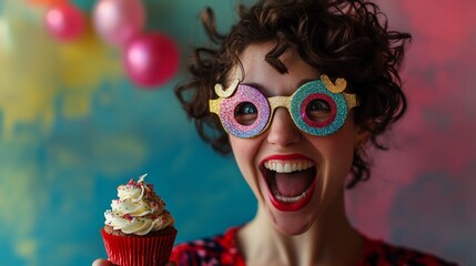 Obraz premium Happy woman with cupcake wearing fun party glasses.