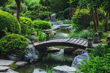 Explore the serenity of a traditional Japanese tea garden with lush greenery and tranquil water features Generative AI