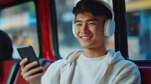 Happy young man listening to music on headphones and using smartphone while commuting on public transport.