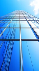Obraz premium High Rise Building Glimpse to the Sky Above with Windows and Glass Facade Reflecting Serene Azure