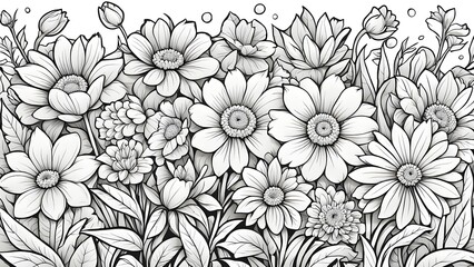 A detailed illustration showcases a dense array various monochrome flowers, leaves, buds, creating a rich, textured botanical pattern.