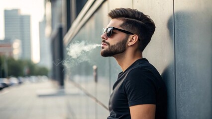 Fototapeta premium Young Man Smoking a Cigarette Outdoors, Exhaling Smoke in Urban Setting, Tobacco day.