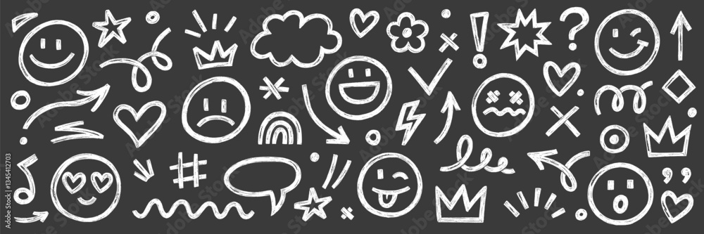 Poster smile brush hand drawn vector element set. emoji fun face, heart, crown symbol crayon texture marker