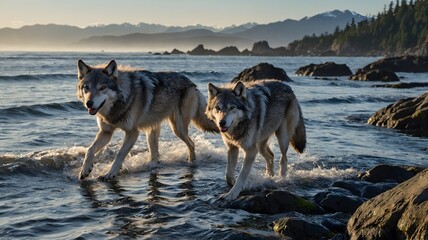 Pack of Vancouver Coastal Sea Wolves Moving Along the Rocky Shoreline with the Pacific Ocean