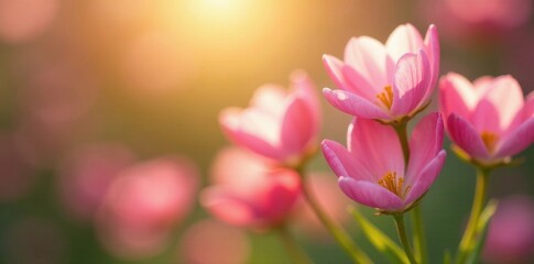 Obraz premium Pastel pink flowers unfolding in warm sunlight, early spring , image, sunshine