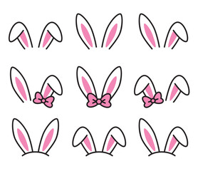 Cute Easter bunny rabbit ears vector illustration set featuring floppy and straight ears. Includes adorable bunny ears with a bow.