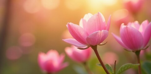 Obraz premium Pastel pink flowers unfolding in warm sunlight, early spring , sun, flora