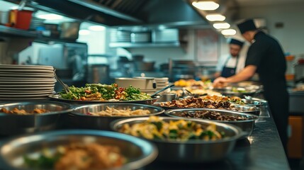 Food delivery orders neatly arranged on kitchen table in busy restaurant