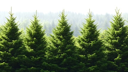 Fototapeta premium Evergreen Forest for Sunlit Trees, Misty Background.