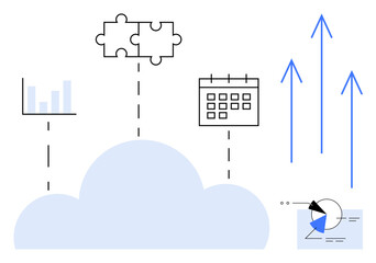 Cloud connected to analytics, puzzle pieces, calendar, upward arrows, and pie chart. Ideal for collaboration, organization, strategy innovation growth data analysis productivity. Flat simple