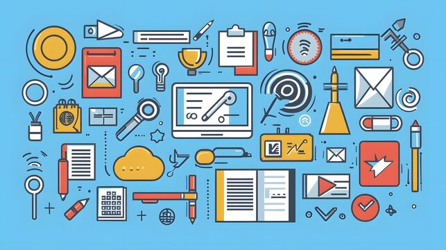 Conceptual of a coding bootcamp or programming course in a clean minimalist style  Featuring various icons and elements related to computer technology software development and online education