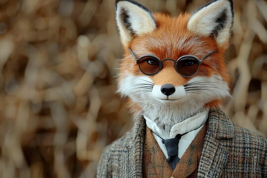 anthropomorphic red fox character portrait in vintage tweed jacket featuring detailed fur textures and sophisticated expression with monocle - Powered by Adobe