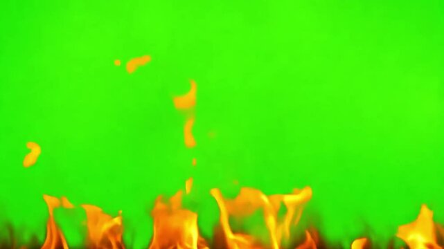 Fiery Inferno on Green Screen: A vibrant display of flames dances against a vivid green backdrop, perfect for compositing and creative projects.
