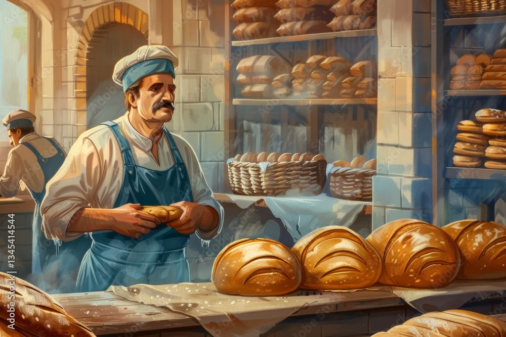 Poster crafting fresh bread in a bustling bakery with skilled bakers at work during a sunny day generative 