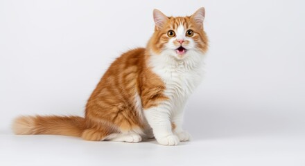 A playful orange and white cat with bright eyes sits attentively, mouth slightly open as if meowing. Its vibrant, well-groomed fur adds a lively touch to the scene, perfect for pet lovers.