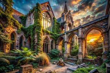 Eerie Skeleton Architecture: Gothic Ruin's Skeletal Remains at Sunset