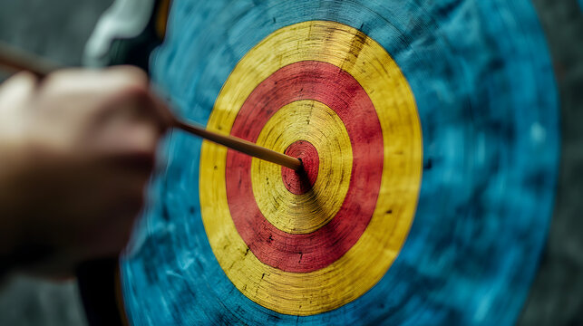 archer releasing an arrow that perfectly hits the center of a target in slow-motion detail 