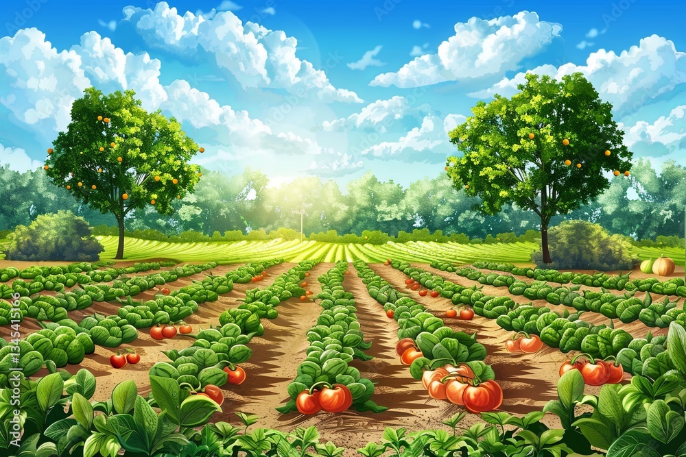Poster explore a vibrant pastoral garden featuring rows of fresh vegetables and lush fruit trees under a br