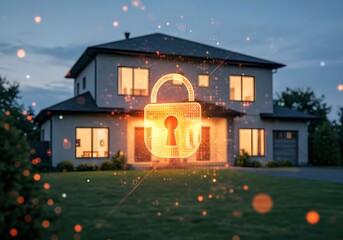 A modern two-story house at dusk, Modern smart home at night is being protected by a security system with a digital padlock icon, illuminated with warm interior lighting