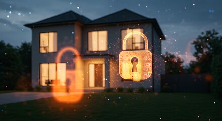 Naklejka premium A modern two-story house at dusk, illuminated with warm interior lighting, Modern smart home at night is being protected by a security system with a digital padlock icon, 
