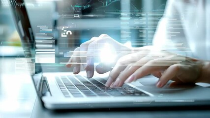 A focused individual typing on a laptop, symbolizing modern work and digital innovation in a professional setting.