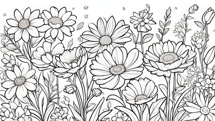 A detailed line art illustration showcases a vibrant arrangement daisies various other flowers, creating a striking monochrome floral design.