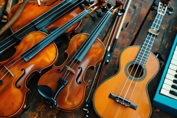 Fototapeta premium Close-up view of various musical instruments showcasing craftsmanship and design in a vibrant setting perfect for music enthusiasts Generative AI