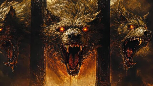 Cerberus guarding the gates of the Underworld, its three heads snarling, fiery eyes glowing, surrounded by a dark and ominous landscape