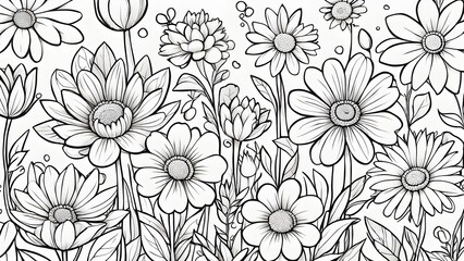 A captivating illustration showcases a dense arrangement various black white flowers, creating a detailed elegant floral pattern.