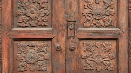 Intricately Carved Brown Wooden Door with Floral Patterns
